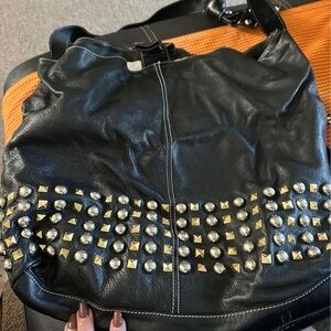 Studded Black Leather Tote Bag